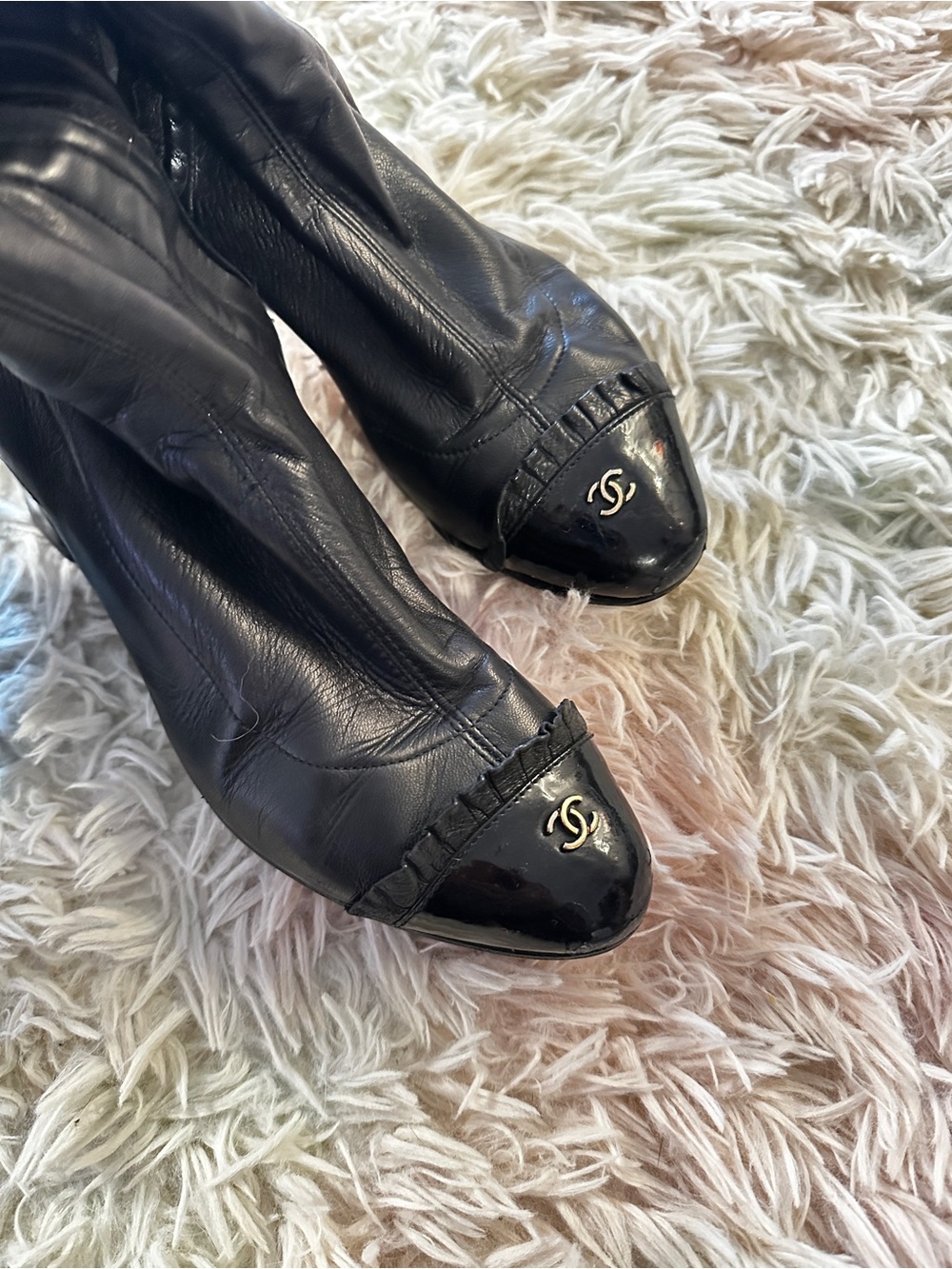 Chanel Knee High Cap Toe Ruffle CC Boots Size 36.5 - Picture 8 of 13